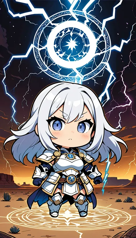  is a deformed character with the motif of the strongest female magic knight、 chibi character style Japanese anime style 、1 person、desert、night、The background is a white magic circle 、Surrounded by full body shots of lightning, Western Armor、amazing