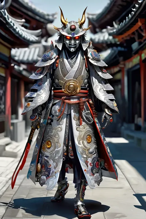 13 century,(((full body shot))), A silver evil cyborg samurai-like creature wearing a Hannya mask、eyes are shining、long coat、FW Murano style, vibrant color blast, whole body、incredibly detailed, dark, Key Visual, in the atmosphere, very realistic, high det...