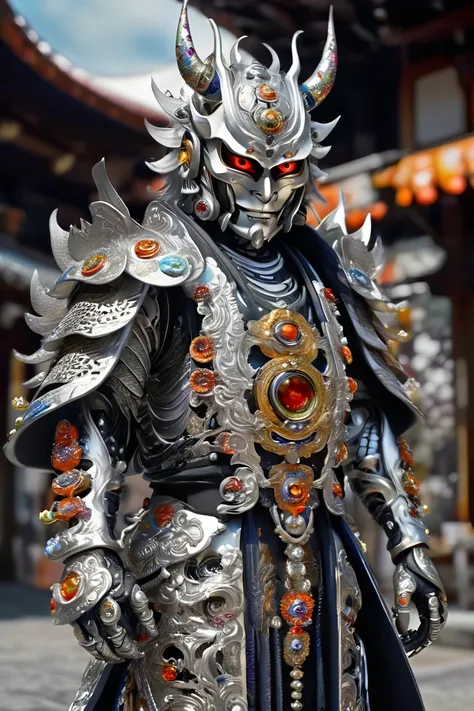 13 century,(((full body shot))), A silver evil cyborg samurai-like creature wearing a Hannya mask、eyes are shining、long coat、FW Murano style, vibrant color blast, whole body、incredibly detailed, dark, Key Visual, in the atmosphere, very realistic, high det...