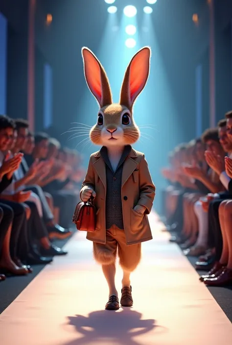 Rabbit  wearing Stilish human ciothes fonfidentiy struts douwn brightiy lit fashion runway. On either side of the runway,a seated audience is applauding.the atmosphere is glamorous