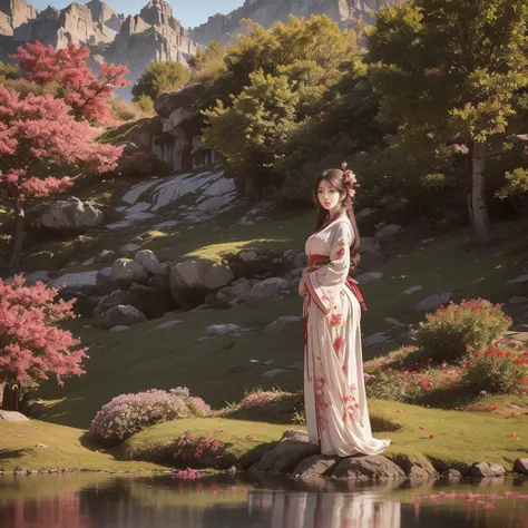 
A graceful young woman in traditional East Asian attire stands by a serene garden, surrounded by lush pink hydrangea bushes in full bloom. She wears a flowing, white hanfu-style robe with wide sleeves, elegantly layered with a vibrant red skirt featuring ...