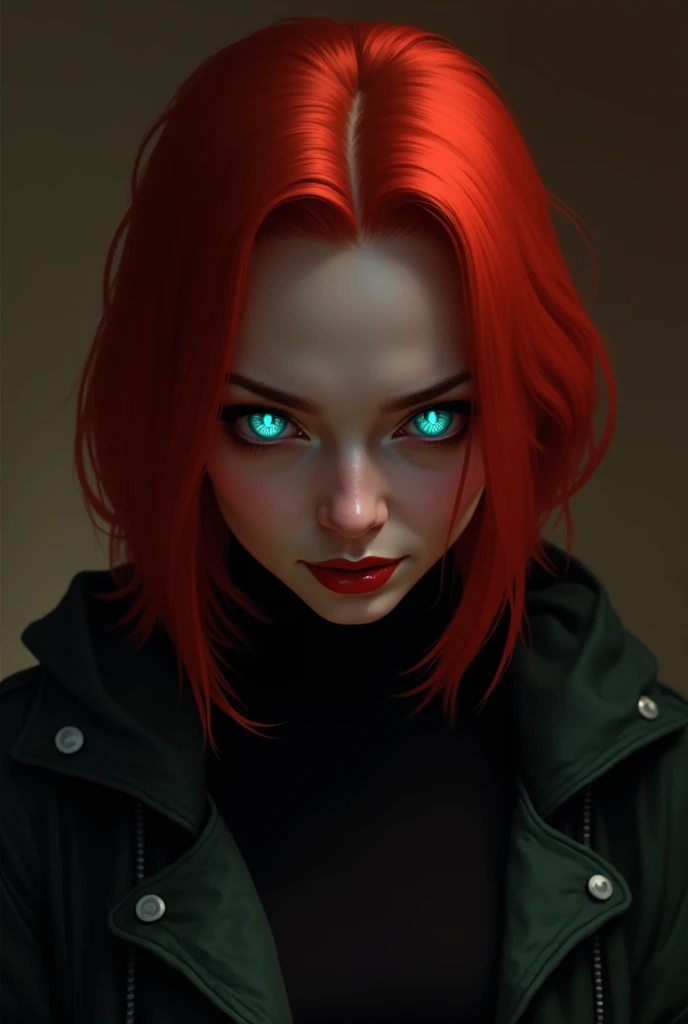 Cyan-haired woman with cyan blue eyes with fire, with a hateful face and a creepy smile ,  black jacket 