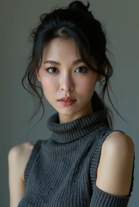   Very Beautiful Japanese Woman &#39;whole body、k-popアイドル顔、Image photo、Dark grey turtleneck、 Dynamic Poses 、 sleeveless、Ruins、 true face、