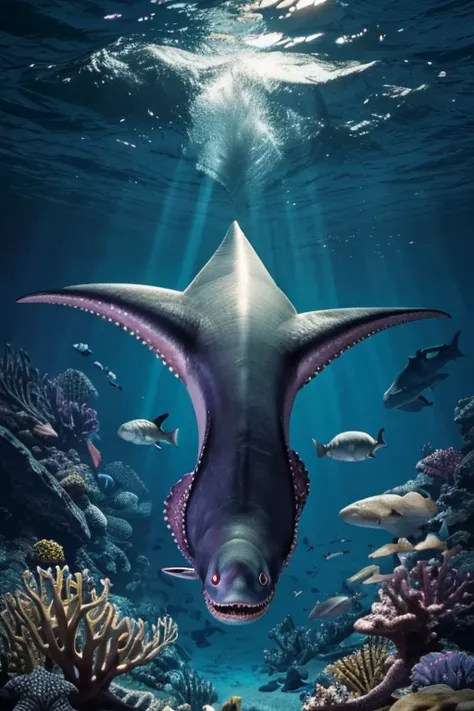 A fusion of octopus and shark,only animal,octopusbody,sharkface,octopusshark(((8ｋ,Best Quality,))), accurate,  has won numerous awards, Best Quality,  detail, High detail, far and near method, face of octopus,scales,scale,swimming,scales,skin of shark,shar...