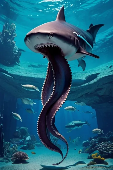 A fusion of octopus and shark,only animal,octopusbody,sharkface,octopusshark(((8ｋ,Best Quality,))), accurate,  has won numerous awards, Best Quality,  detail, High detail, far and near method, face of octopus,scales,scale,swimming,scales,skin of shark,shar...