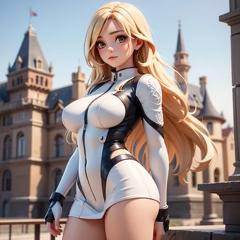 (photorealism:1.2), beautiful woman, portrait photo, wearing tight white leather suit, white leather skirt, long blonde hair, outdoors, soft lighting, castle in background, standing pose, realistic, intricate details, warm colors