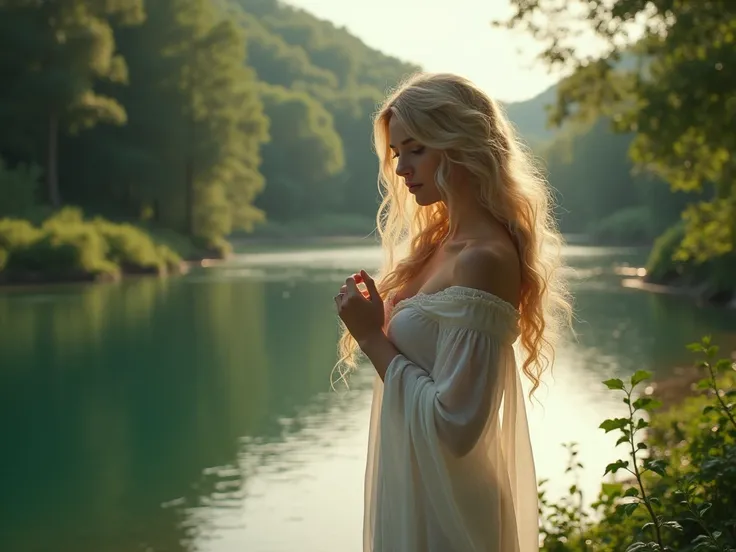 Eurydice in a natural landscape on the banks of a beautiful river combing her beautiful blonde hair 8k