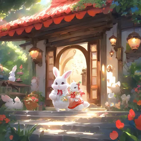  forest， A house with an elegant red roof and white walls 、Two-storey、The house light is on ，flower，A personalized white rabbit , has a ribbon on its head，Minuet,Waiting in front of the door ,cute, fluffy fur ,masterpiece, rich colors,Best Quality,Official...