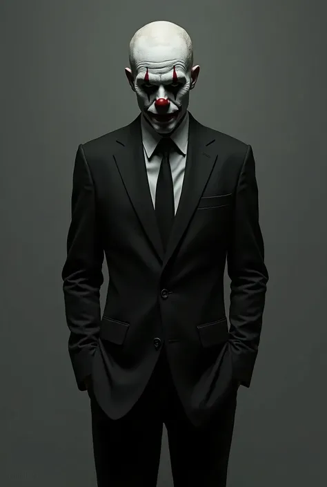 A clown with his face painted , wearing a black suit with tie , with a straight posture and with his hands in his pockets