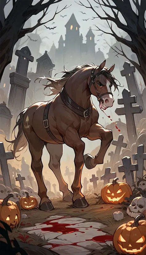 a man on a horse in a halloween scenario the man has a sickle with blood flowing from it the setting is a cemetery