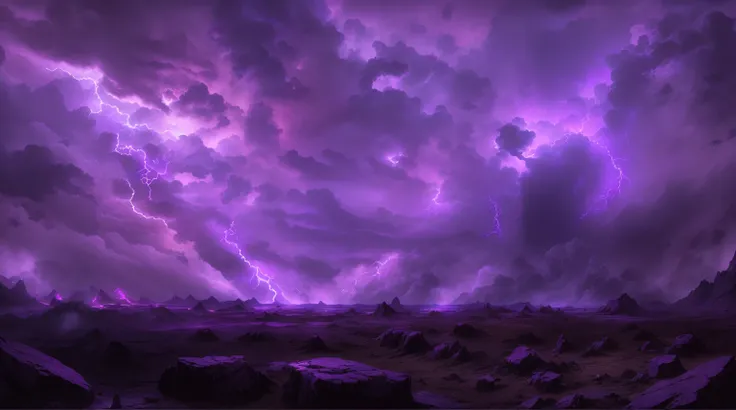 ((masterpiece)), (8k, high_resolution), (best quality), ultra-detailed, (purple lighting)Dramatic stormy sky with dark clouds and lightning, over a silhouetted landscape