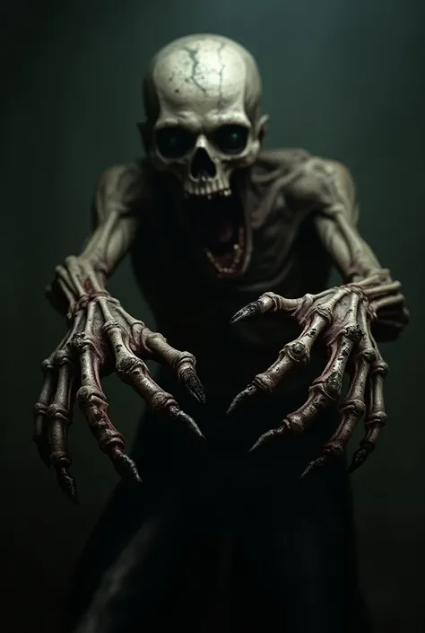  A horrible figure with bony, outstretched hands, dirty with earth,  extending as if trying to grab something .  The background is dark and disturbing ,  and the presence of the figure is threatening , increasing fear 