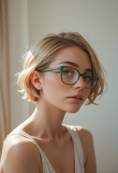 a girl wearing green glasses and turning back her face backward little 
big boobs