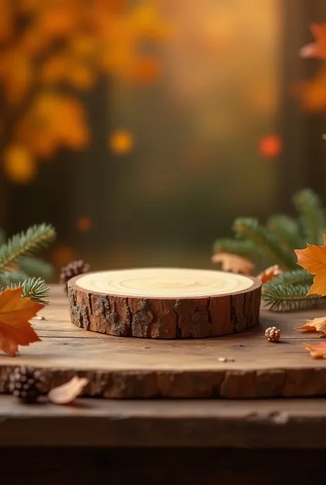 product mockup background closeup of wooden table with podium on table, fall themed