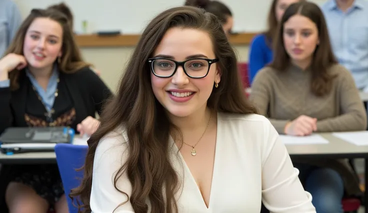  Hyper-realistic and detailed Longford full-body photo studying in a classroom sitting at a desk smiling, with nerd glasses , wearing a white schoolboy uniform with a deep v-neck ,  and several people in room .  perfect eyes, ( eye makeup  :1.1), (detailed...