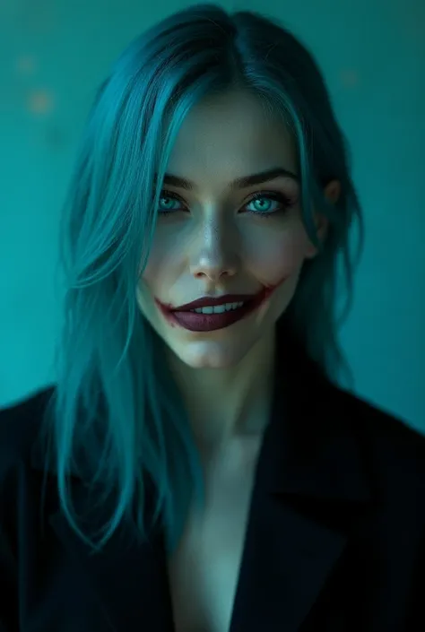 Cyan-haired woman with neon blue eyes , with a hateful face and a creepy smile ,  black jacket 