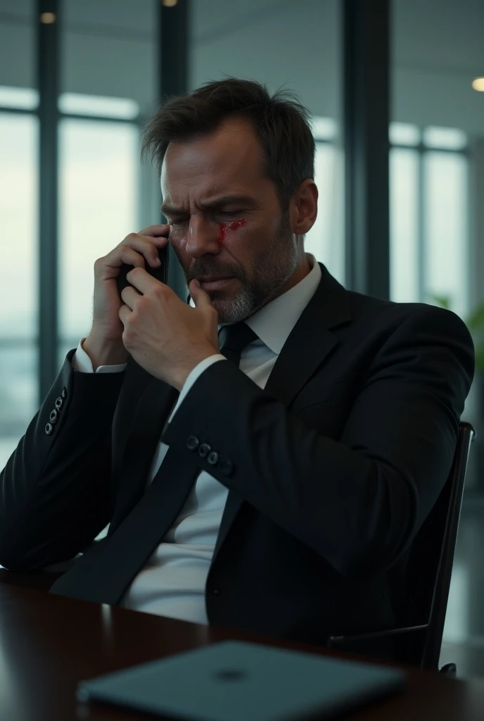 A very team businessman and his office has a black formal suit and a white shirt 
There is no news. He was shocked while he was in his office. Then with the phone in his hand, he kept crying. Tears came from the eyes