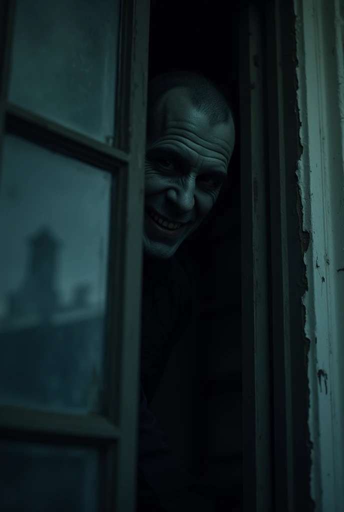  A dimly lit window reflecting a sinister, eyeless man peeking around the corner of a house.  The reflection shows a creepy smile ,  giving the feeling that he knows he is being watched , creating a terrifying presence 