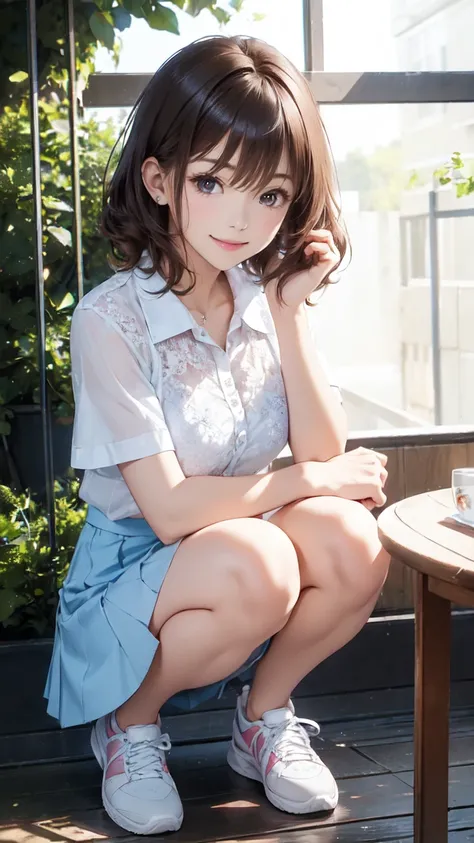 (( table top, Best Quality,  high resolution on down,  perfect pixel,  4K,)),  1 girl, single, Alone, Beautiful woman、 I was able to see my whole body 、 (( short wavy hair in front of it, bangs, Brown Hair)), (( Brown Eyes ,   beautiful eyelashes , Realist...