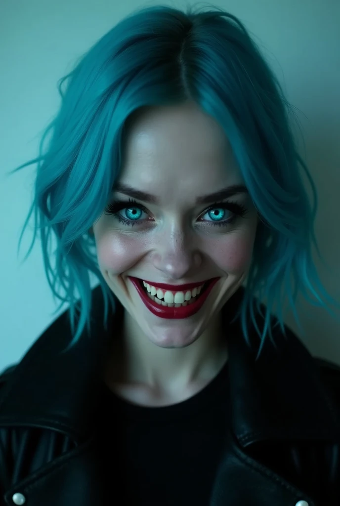 Cyan-haired woman with neon blue eyes , with a hateful face and a creepy smile ,  black jacket 