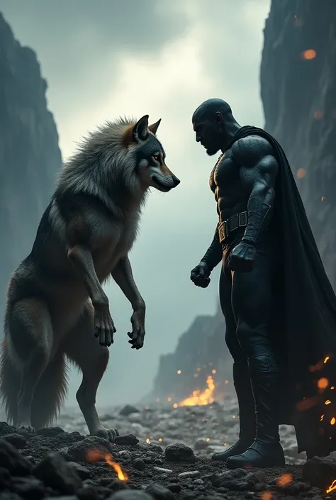 Give me a picture prompt which a wolf and black Adam are together facing each other 