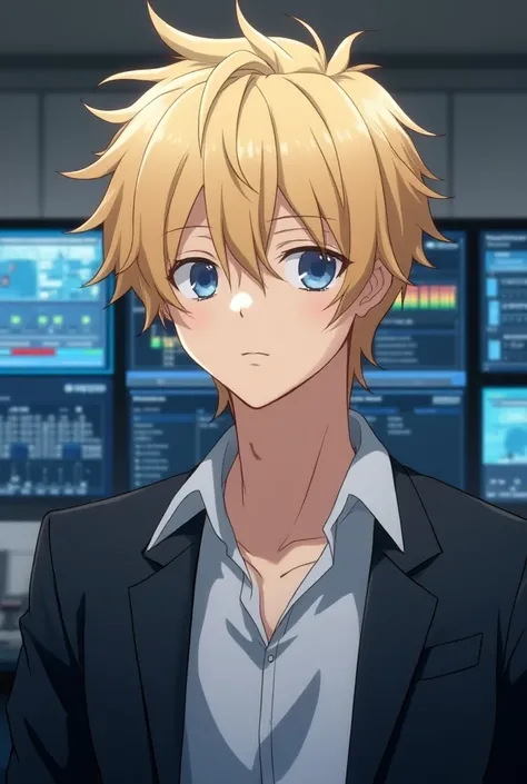 creates an image of a blond, blue-eyed teenage man, anime style, only create from chest up, It&#39;s for a music album logo, that has computer screens in the background, professional music study fund, that the man looks more mature

