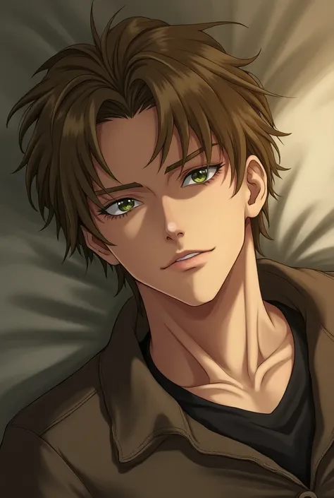 Anime guy with sandy brown hair, light green eyes, eye bags, laying down, full lips, dominant