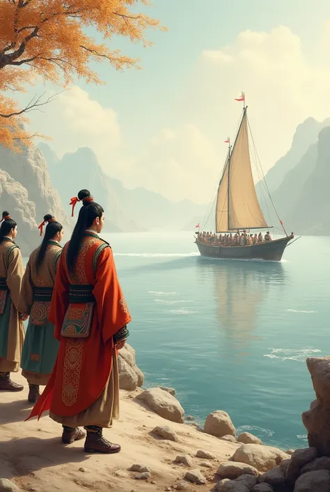 An ancient Chinese boy， wearing gorgeous Prince Cao Wei costumes ，Ancient boots，, a group of ancient Chinese ministers， in front of a large river ，Looking at the ship ， in front of me, there were several soldiers from the Cao Wei era standing behind ， walk...