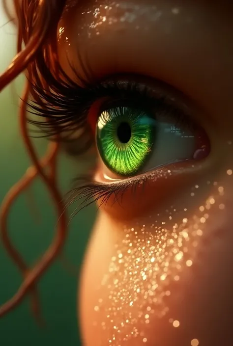 a hyper-realistic, extreme close-up of a beautiful womans face, focusing on the intense detail of their bright green eye with beautiful long eyelashed with detailed eyeliner. The intricate eye should have vivid, emerald tones with flecks of gold around the...