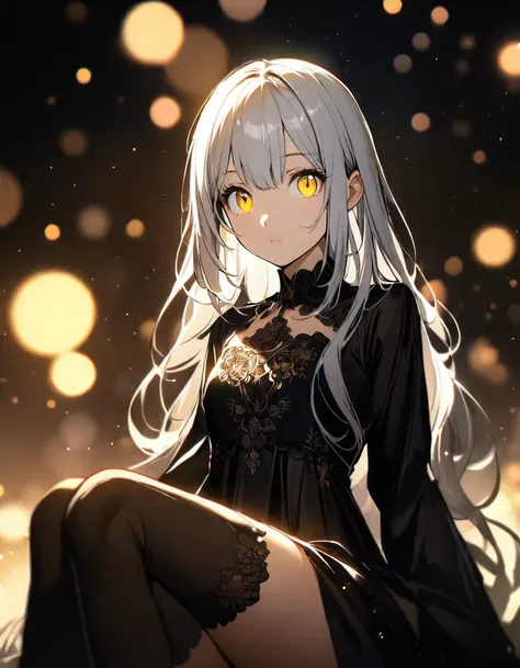 1 girl. Knee Shot. Sitting. long hair, silver hair, Hair with volume, Each strand of hair is fine. yellow eyes, droopy eyes. Long thin lashes. Eyes with highlights, Catchlight. Black Gothic dress, fine embroidery. thighs, thigh-high socks. clavicle.Blurred...