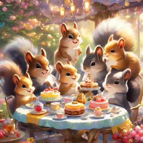 Family of squirrels ,Minuet,table、cute, fluffy fur ,masterpiece, rich colors,Best Quality,Official Art, fantasy,colorful, Restaurant, happy ,smile,最高にcute,happiness, Nice background ,Stylish house ,Sparkling,Beautiful light and shadow,
cute、   afternoon te...