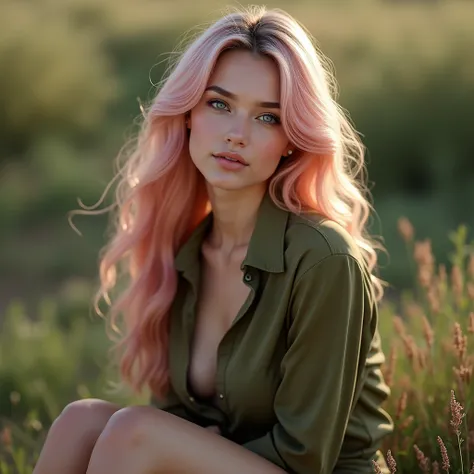 russian woman, (20 years old), beautiful model, perfect face, (long pink hair and a perfect body), Amazing beauty, blue eyes, smiling, (boobs:1.2), (long legs:1.3), (thick thighs:1.3), (perfect feet:1.3), detailed muscles, detailed feet, (((hyperrealistic)...