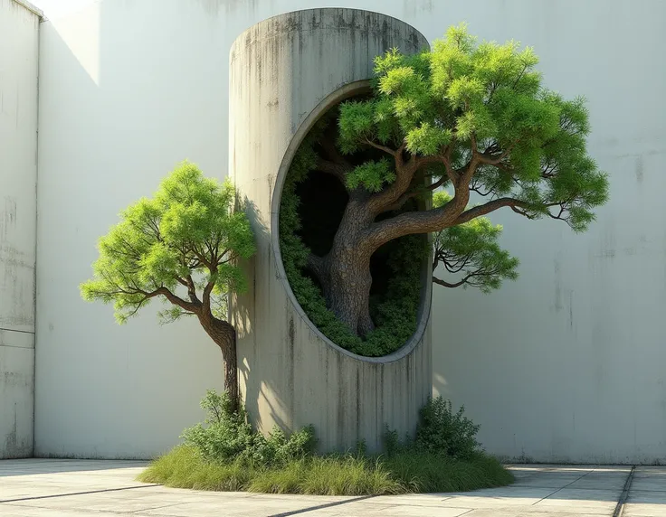 a concrete column with a tree inside which is movable