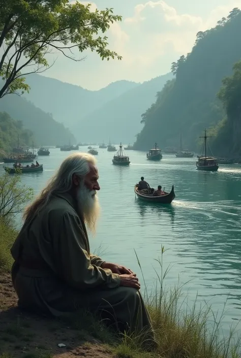 An old man is sitting sad, long beard, long hair, he is sitting by the river for a boat, and many boats are moving in the river.