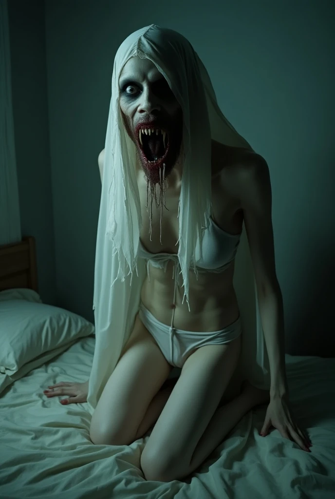  a spooky woman , creepy female ghost , woman using thin and wet white cloth, plain white lingerie shabby and dirty , long teeth ,creepy face , sexy female ghost in lingerie ,there is a frightened Indonesian man on the bed.