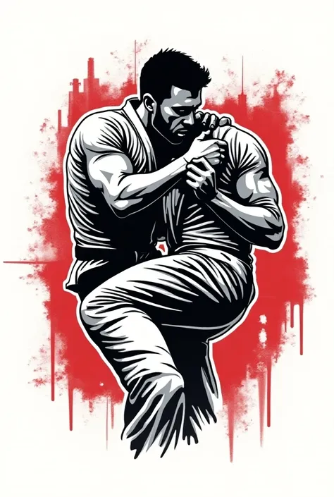  " Jiu-Jitsu-themed t-shirt design .  Illustration of a jiu-jitsu fighter in a combat pose or famous technique (como um arm lock ou rear-naked choke). Modern and bold visual style ,  with black and white details with touches of red to highlight ,  conveyin...