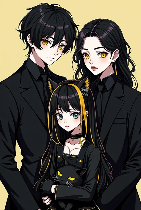  Webtoon-style image of Kayl, a very attractive adult with white skin and very blue eyes ,  who has BLACK and smooth hair, that he has a serious face and that he appears in the center with a black cat with yellow eyes .
 Let Ellie stand out as an adult wit...