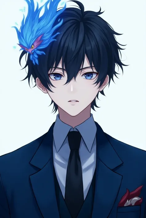 Adult anime boy with white skin  ,  blue clothes with a tie  ,  black hair with a bluish fire blue valkyrie on his head 