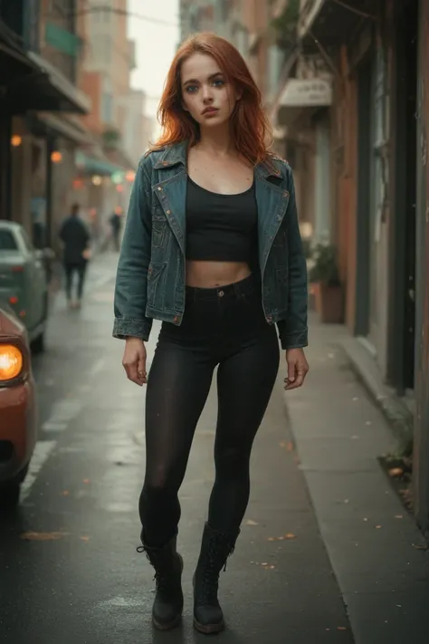 A redhead woman, with green-like hazel colored eyes, a jean jacket, a black blouse, black leggings, and black short boots.