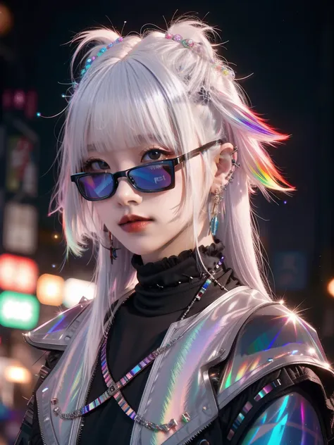 Redhead、Goth_punk, One Girl, alone, Medium Shot, Walking around Harajuku, ((at night)), Bokeh Depth of Field, Neon Light, Rainbow Eyes, Starry Sky, glowing hair, White eyebrows, Shiny Hair, (((Iridescent white hair))), Earrings, Bans, gem, mask, Blunt bang...