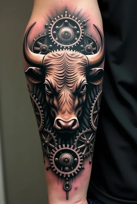 Bull forearm tattoo in gears
