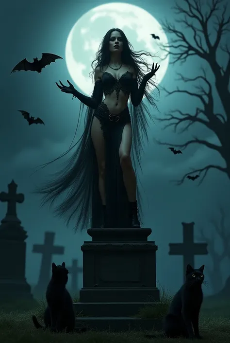 A sexy witch straddling a tomb stone in a graveyard with bats cats and moon
