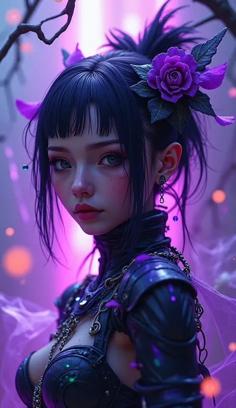 a cyberpunk cyborg girl,(1woman),,witch,halloween decorations,transparent purple overlay,photorealistic,8k,highly detailed,masterpiece,(best quality,4k,8k,highres,masterpiece:1.2),ultra-detailed,(realistic,photorealistic,photo-realistic:1.37),HDR,UHD,studi...