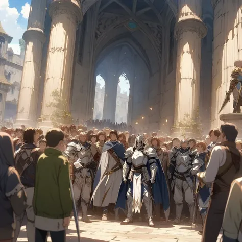 Anime, well detailed, paladin, paladins clothes, Cape, multiple people, people surrounding, sword