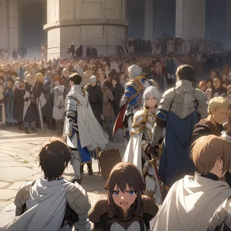 Anime, well detailed, paladin, paladins clothes, Cape, multiple people, people surrounding, sword