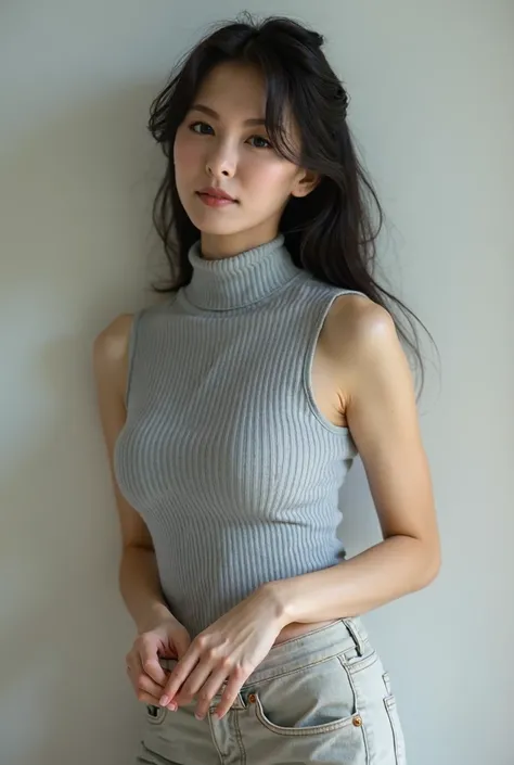  Very Beautiful Japanese Woman 、k-popアイドル顔、Image photo、light gray turtleneck、 Dynamic Poses 、 sleeveless、Ruins、 true face、fit、Big Breasts、 cleavage、Large pelvis、Big Breasts