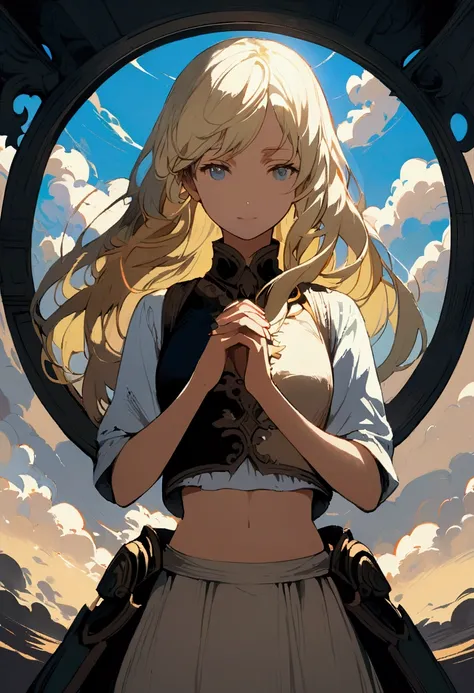 Anime girl with long, flowing golden hair, serene expression,  standing with hands clasped at her midriff.  Shoulder-length,  light blonde hair blows softly around her face.  A light, expressive anime style, with detailed  blue and beige attire featuring a...