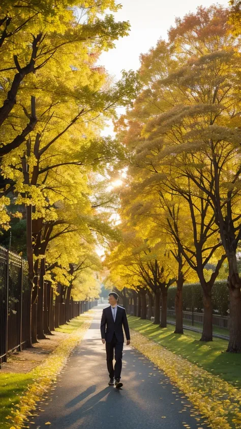 

A scene as if walking along an avenue of ginkgo trees at sunset, with golden ginkgo leaves fluttering down.

