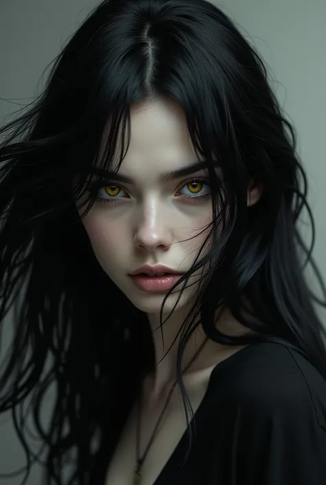 A woman with black hair and yellow eyes.