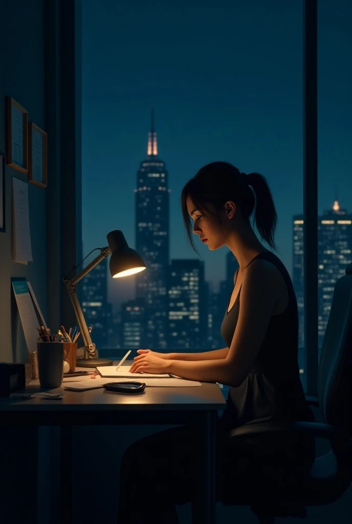 A woman working at night 